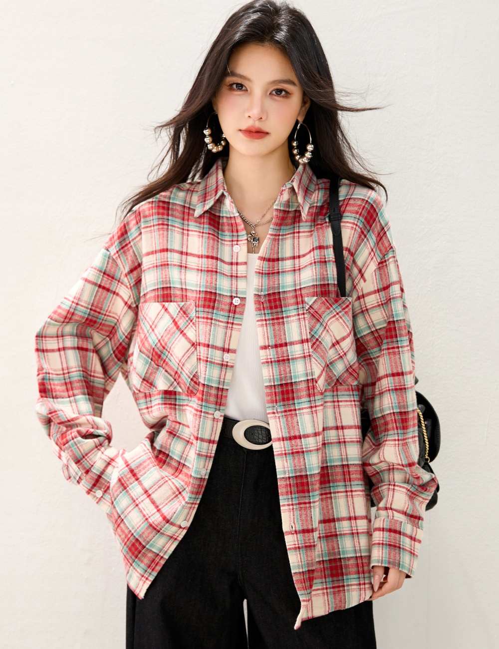 Autumn American style lapel plaid retro cotton shirt