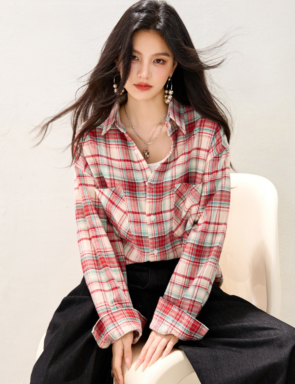 Autumn American style lapel plaid retro cotton shirt