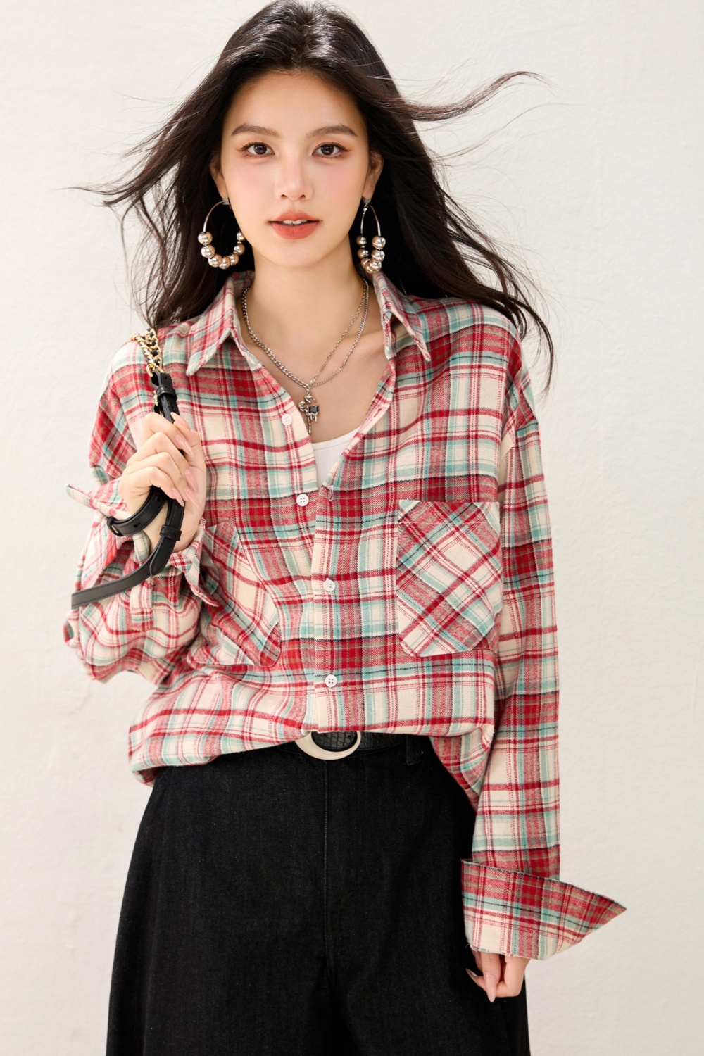Autumn American style lapel plaid retro cotton shirt