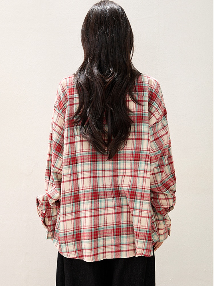 Autumn American style lapel plaid retro cotton shirt