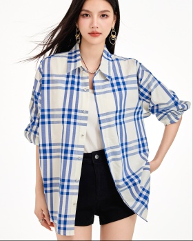 Blue-white mixed colors tops plaid temperament shirt for women