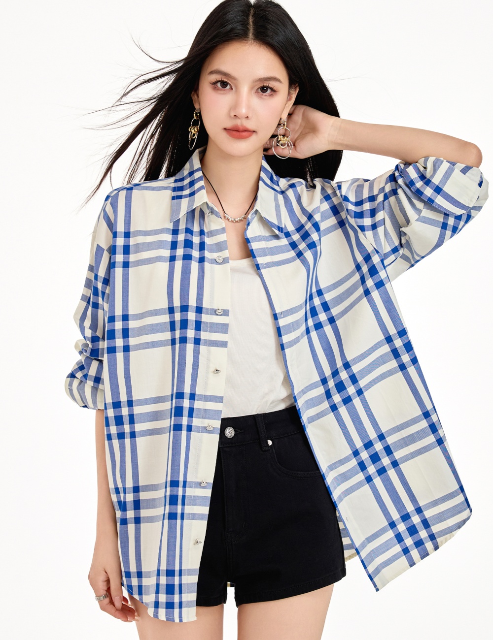 Blue-white mixed colors tops plaid temperament shirt for women