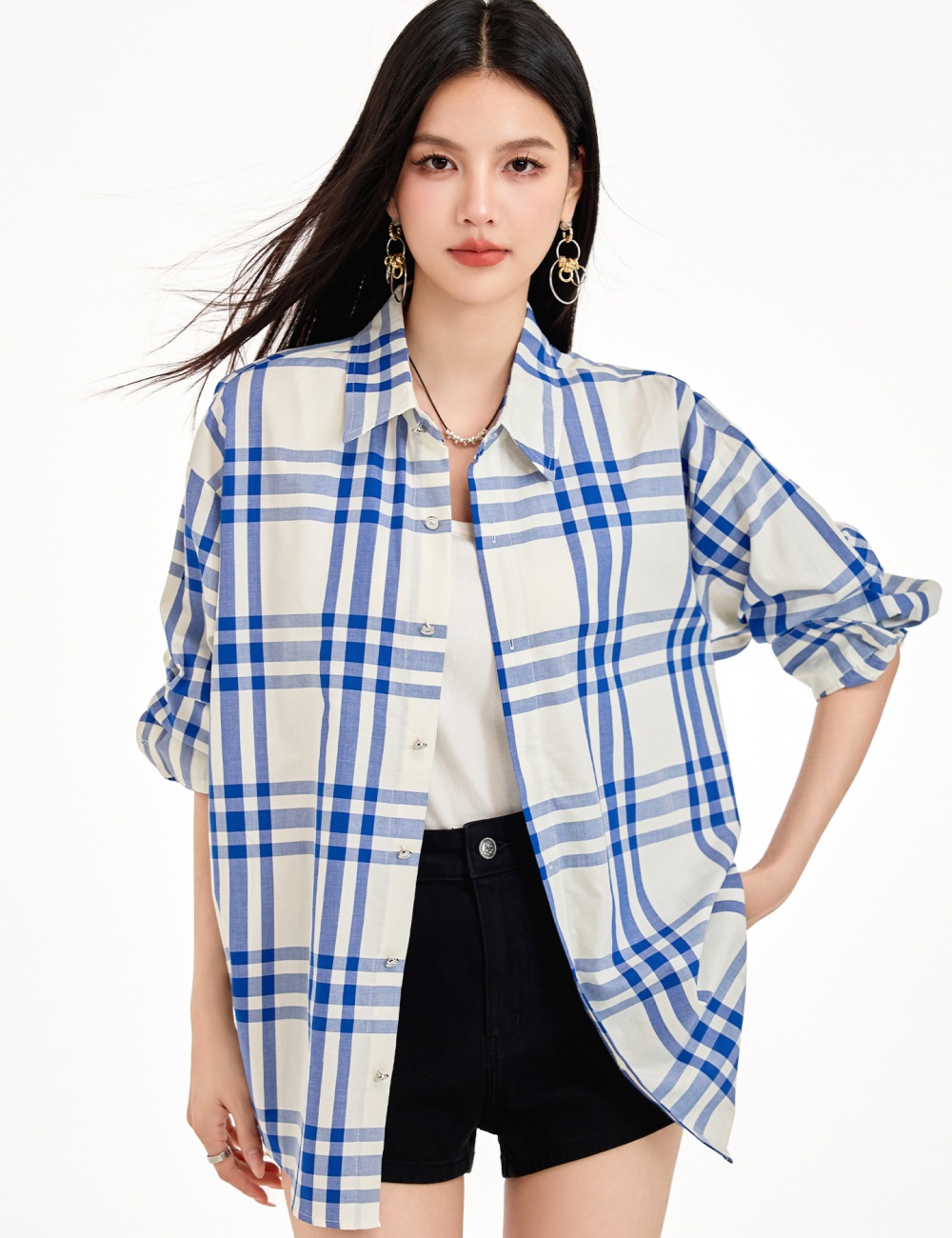 Blue-white mixed colors tops plaid temperament shirt for women