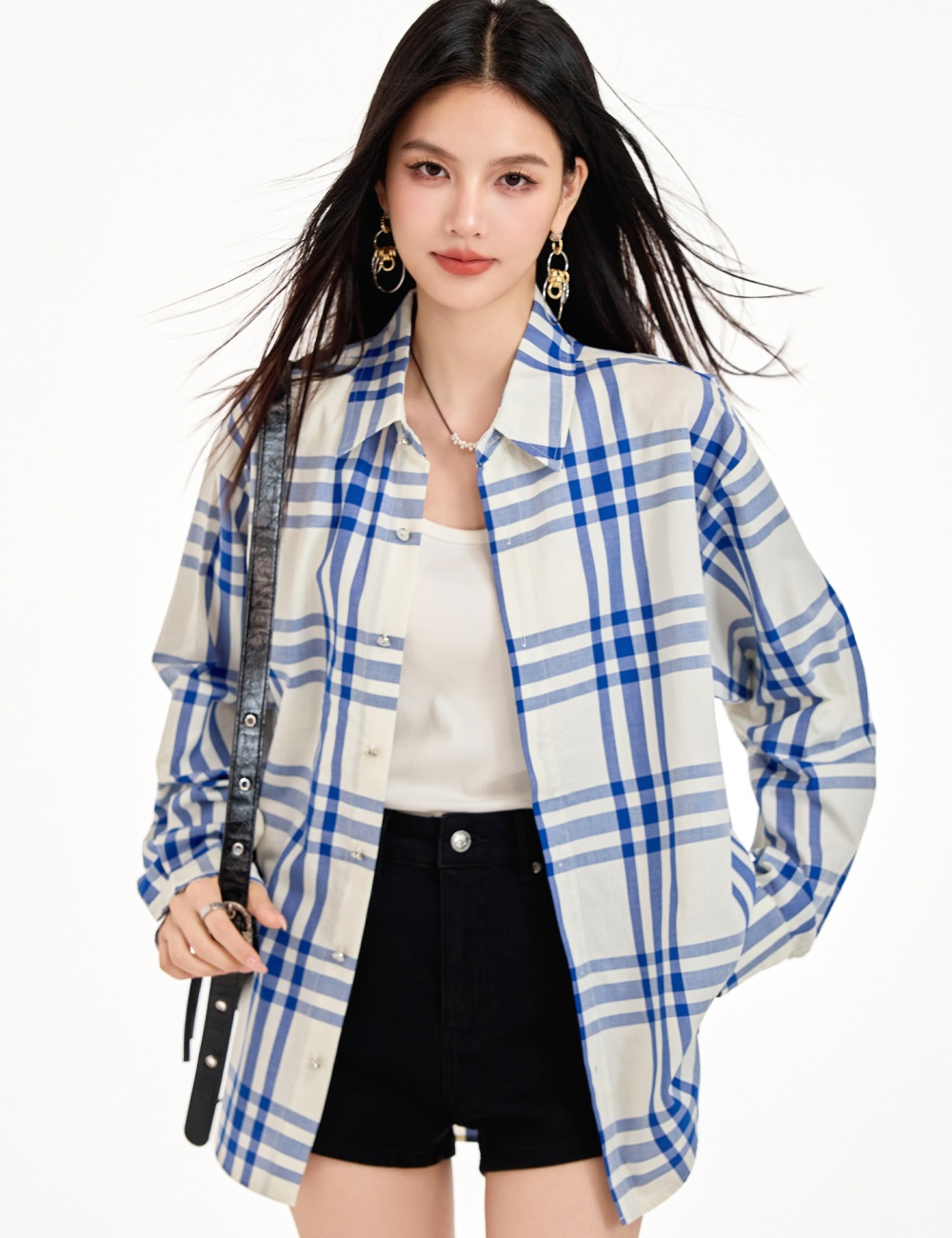 Blue-white mixed colors tops plaid temperament shirt for women