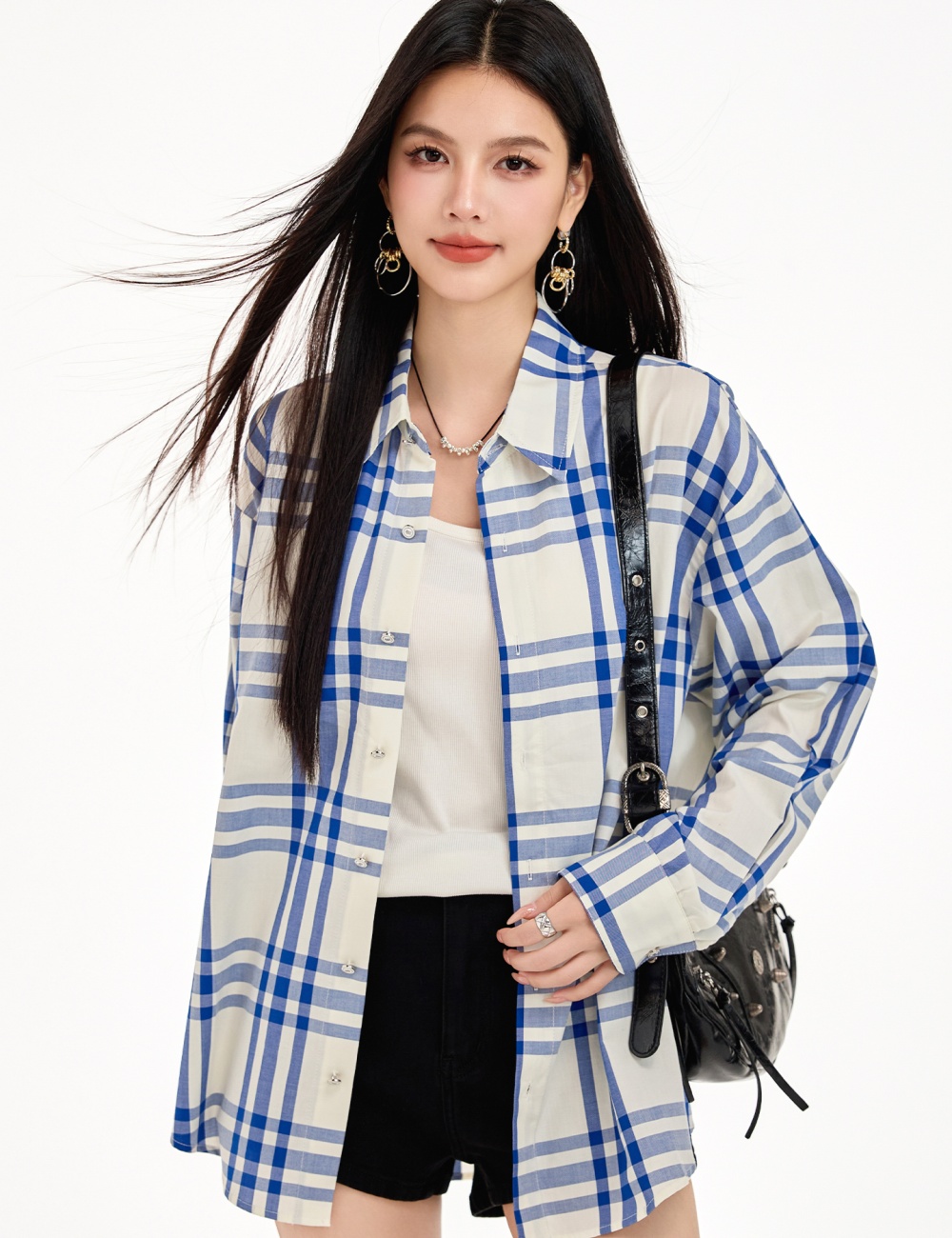 Blue-white mixed colors tops plaid temperament shirt for women