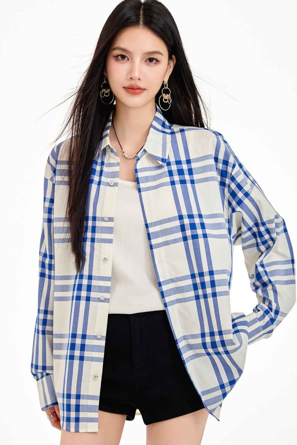 Blue-white mixed colors tops plaid temperament shirt for women