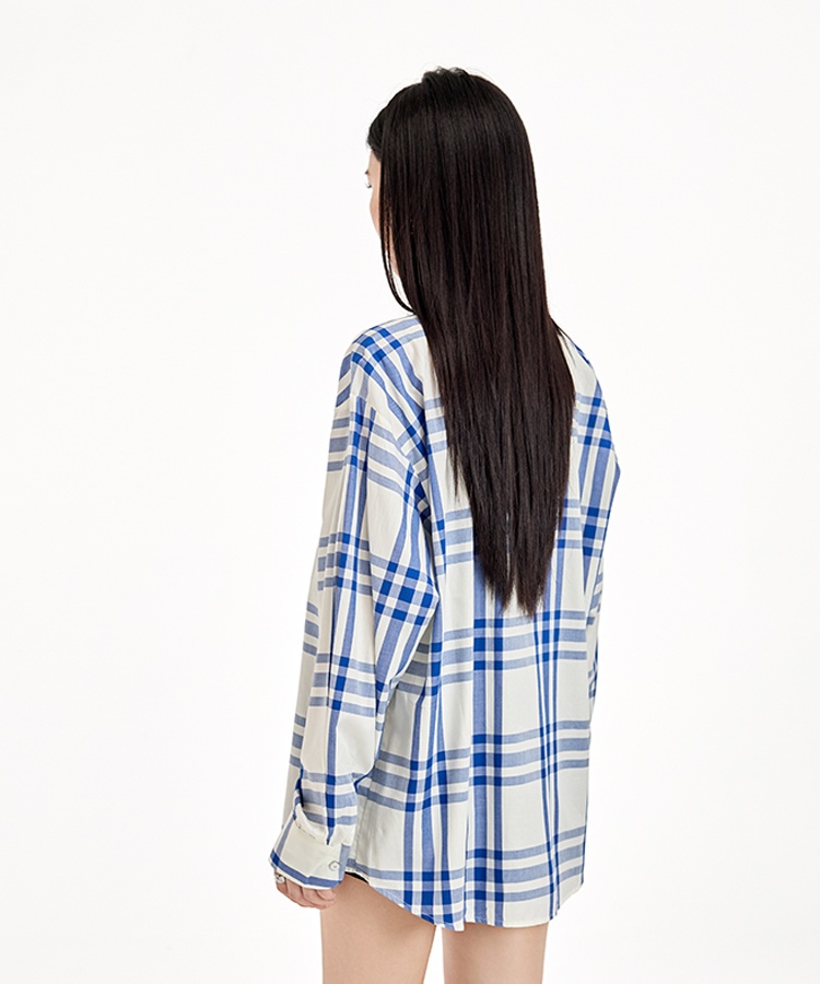 Blue-white mixed colors tops plaid temperament shirt for women