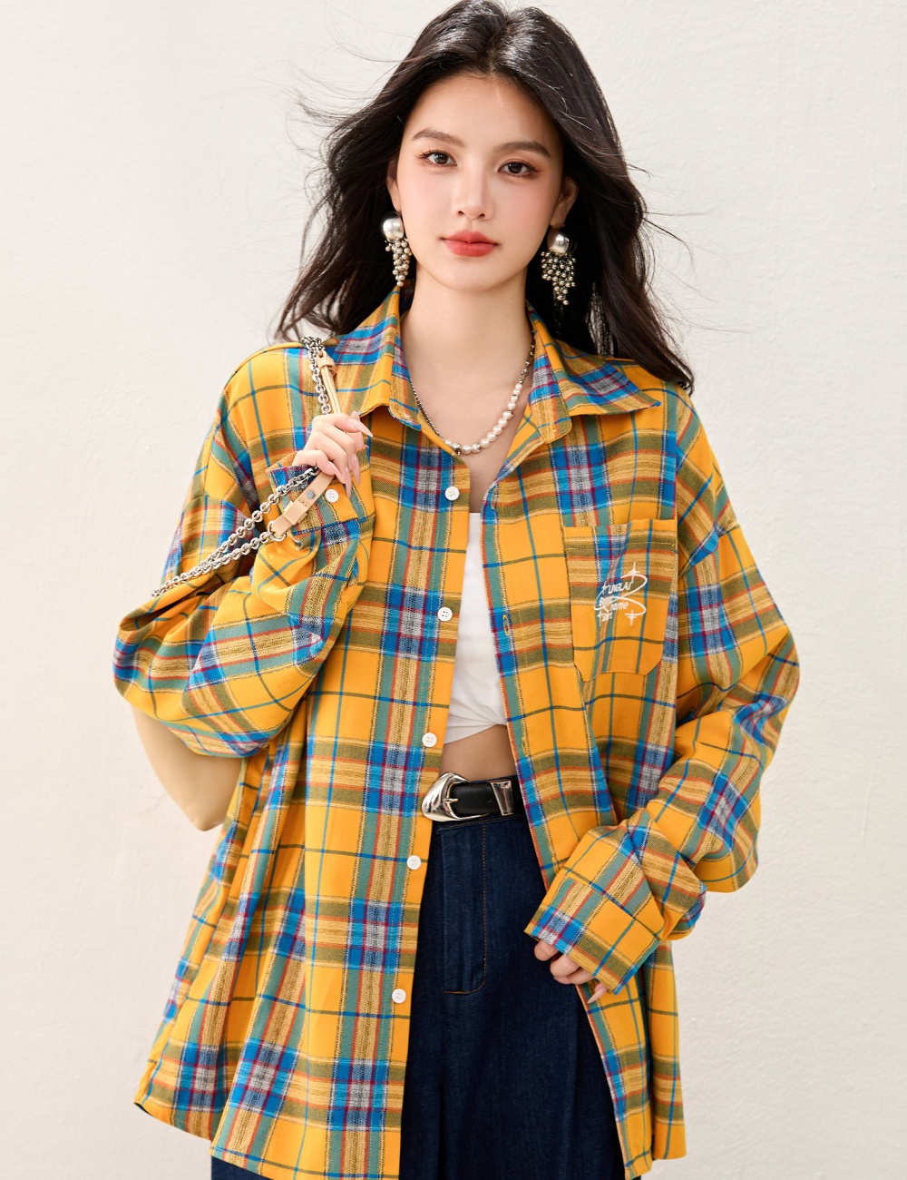 Yellow loose shirt plaid all-match coat for women