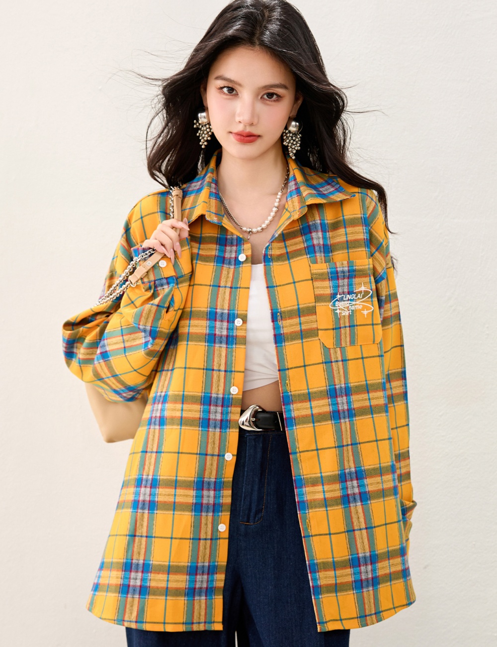 Yellow loose shirt plaid all-match coat for women