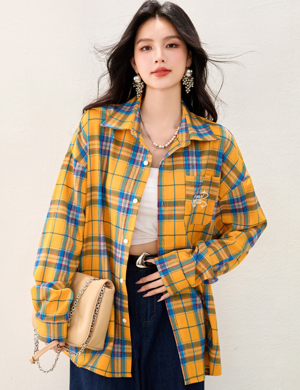 Yellow loose shirt plaid all-match coat for women