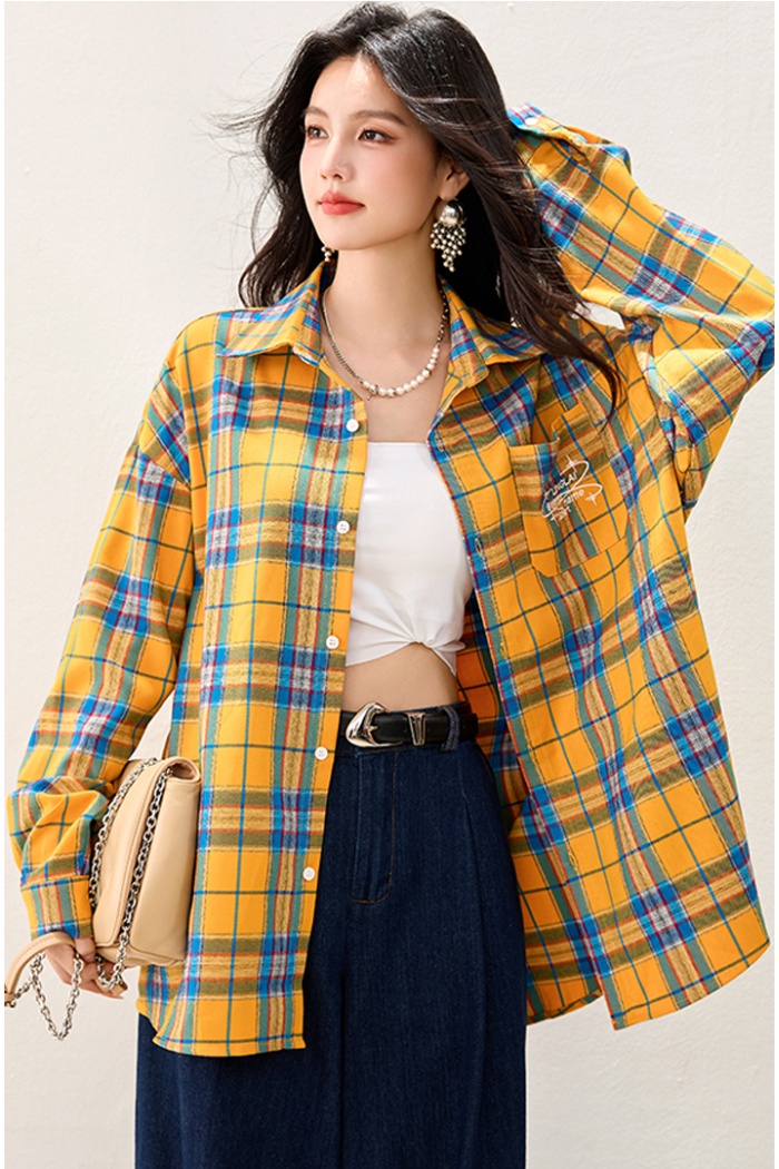 Yellow loose shirt plaid all-match coat for women