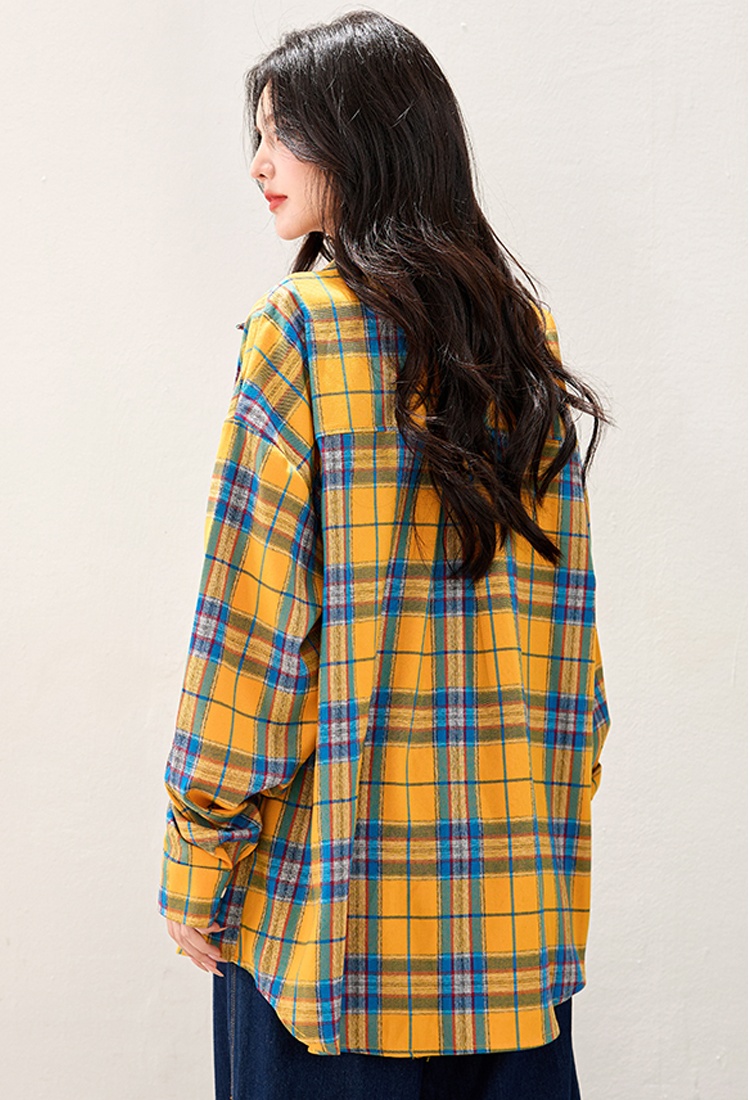 Yellow loose shirt plaid all-match coat for women
