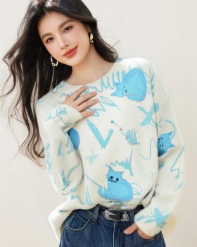 Printing kitty mohair beading sweater for women