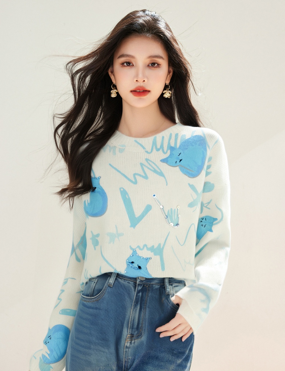 Printing kitty mohair beading sweater for women