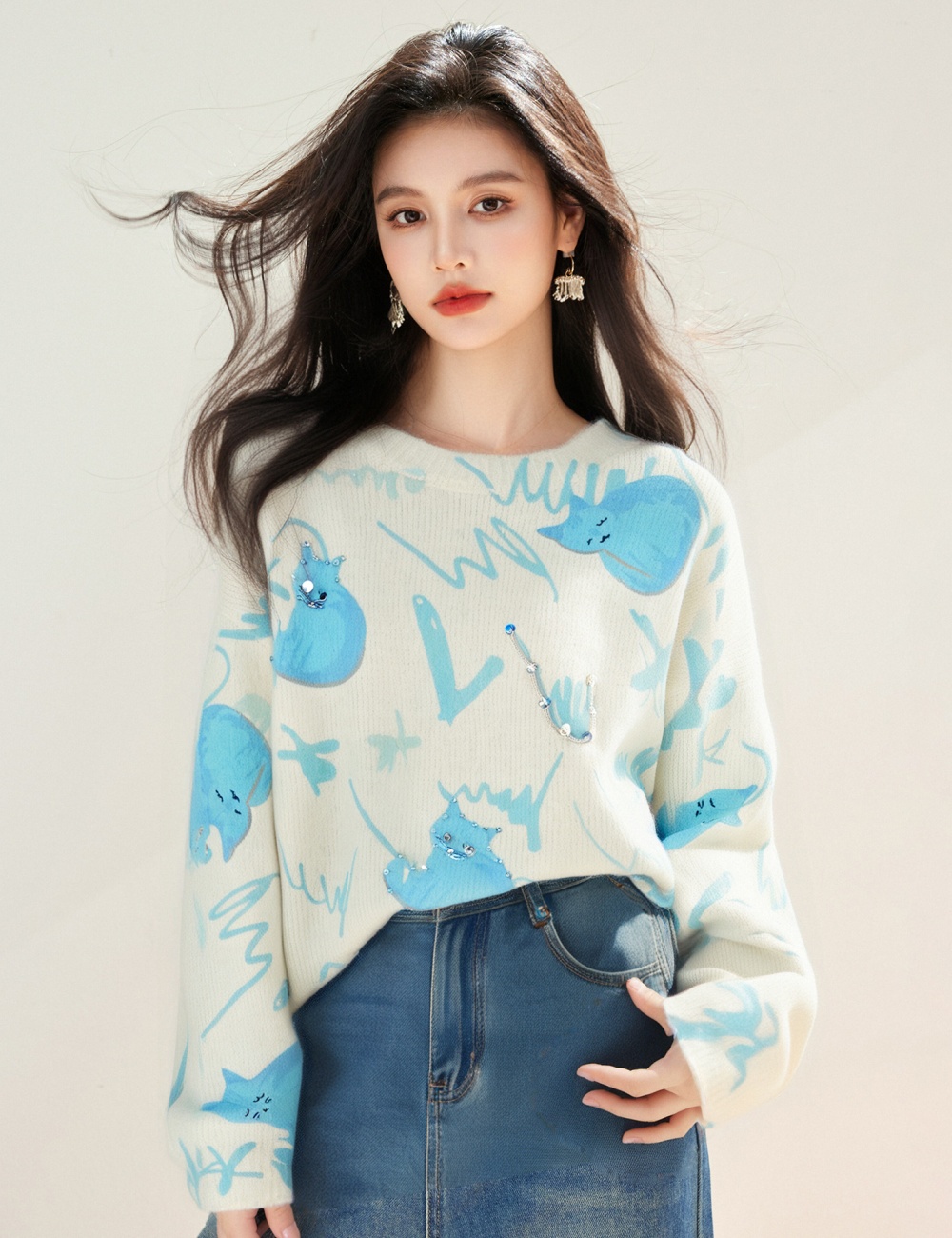 Printing kitty mohair beading sweater for women