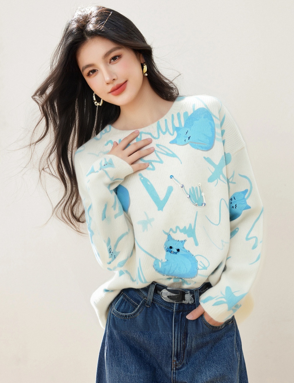 Printing kitty mohair beading sweater for women
