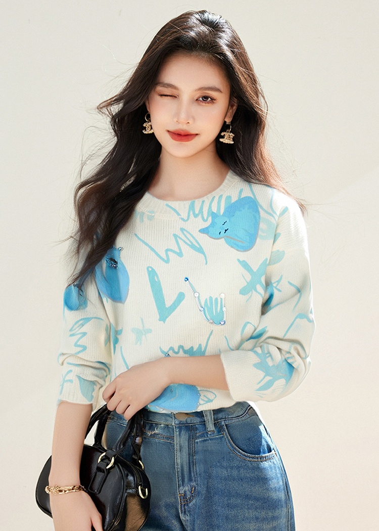Printing kitty mohair beading sweater for women