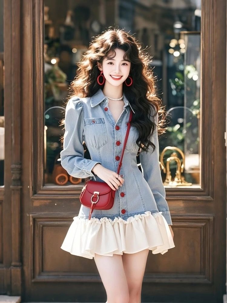 Autumn slim splice Pseudo-two denim T-back