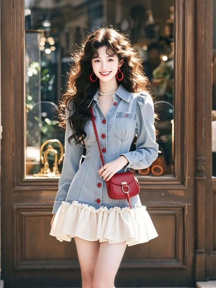 Autumn slim splice Pseudo-two denim T-back