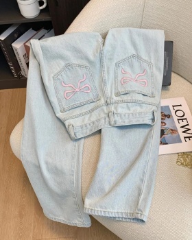 High waist embroidery pants slim wide leg jeans for women