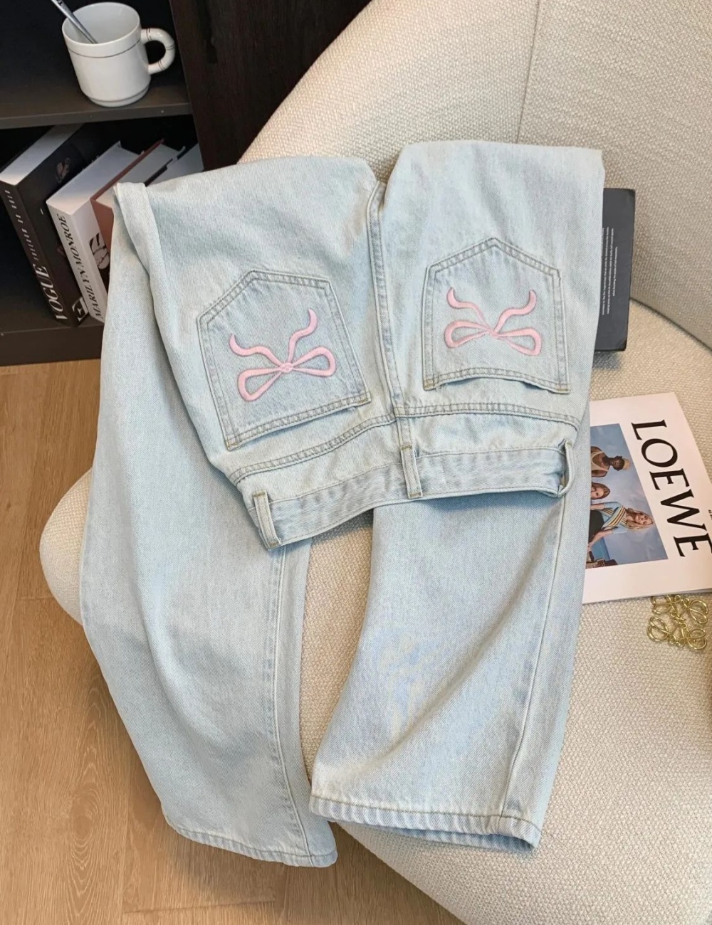High waist embroidery pants slim wide leg jeans for women