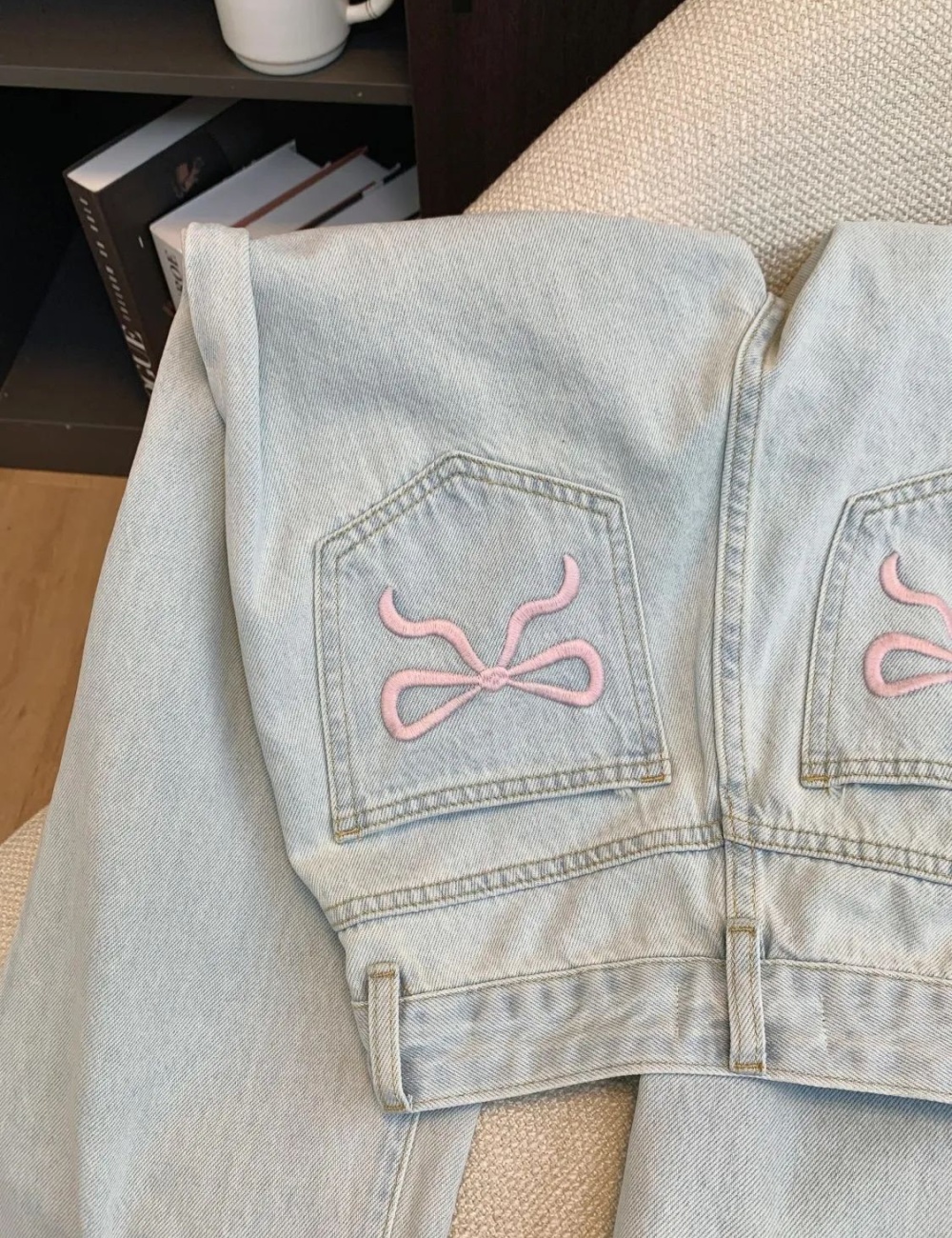 High waist embroidery pants slim wide leg jeans for women
