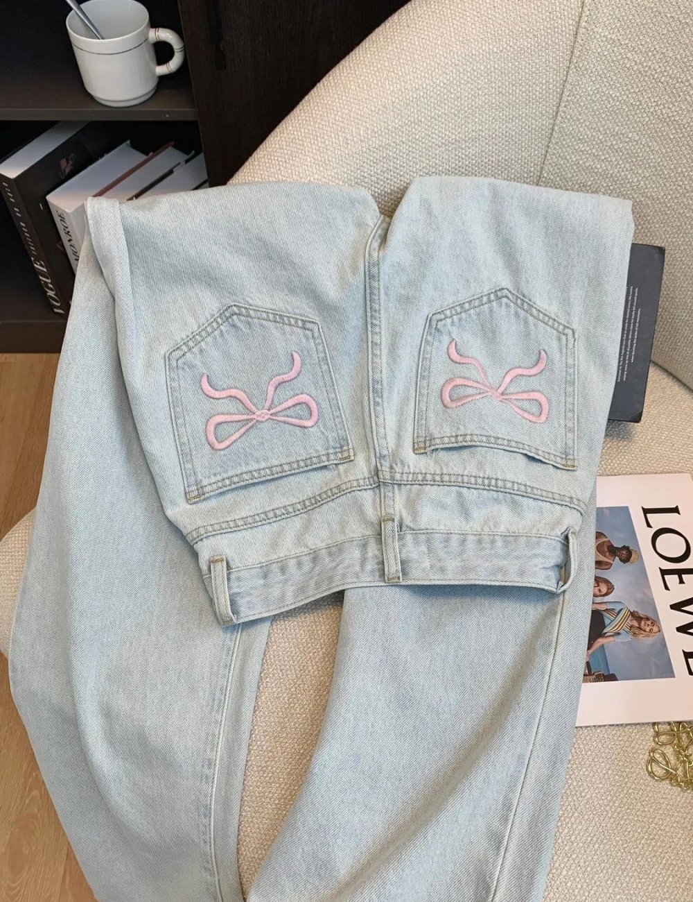High waist embroidery pants slim wide leg jeans for women