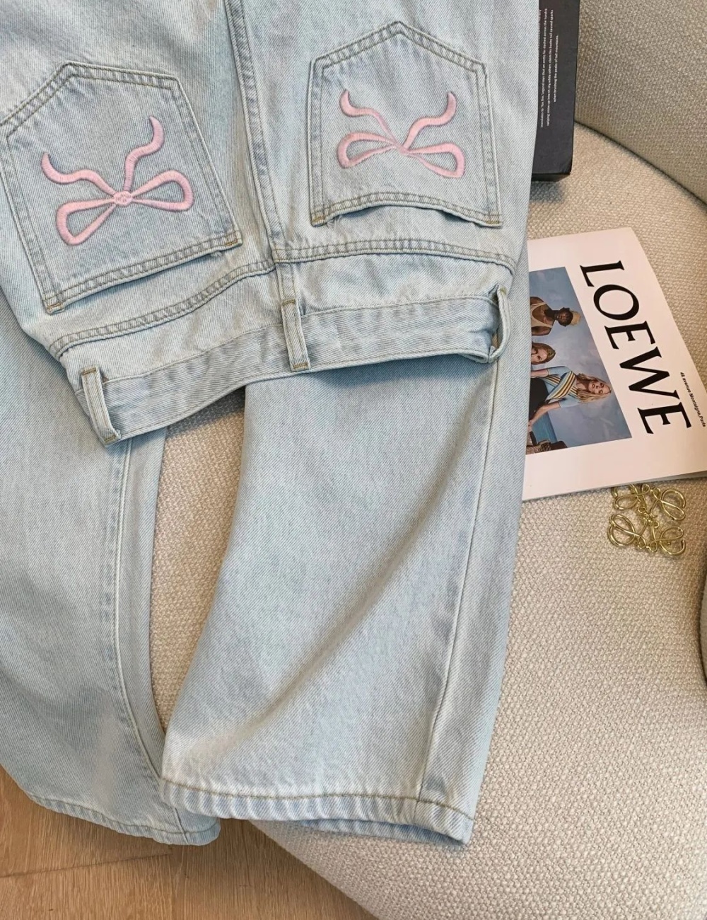 High waist embroidery pants slim wide leg jeans for women