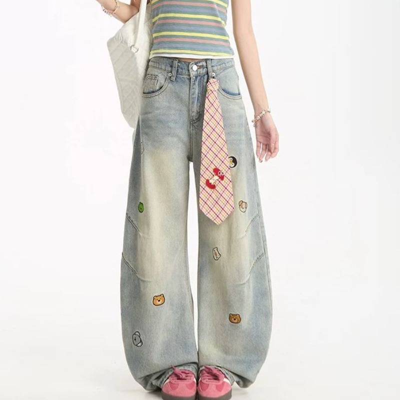 Washed drape jeans animal wide leg pants for women