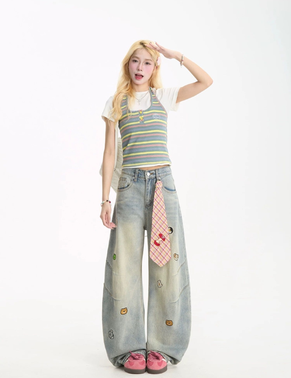 Washed drape jeans animal wide leg pants for women
