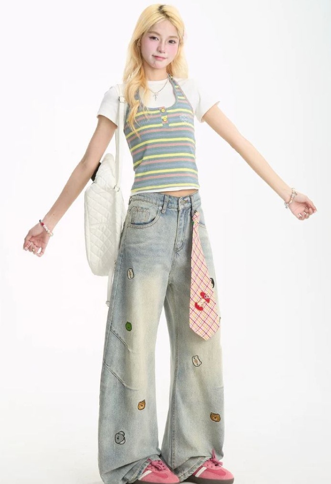 Washed drape jeans animal wide leg pants for women