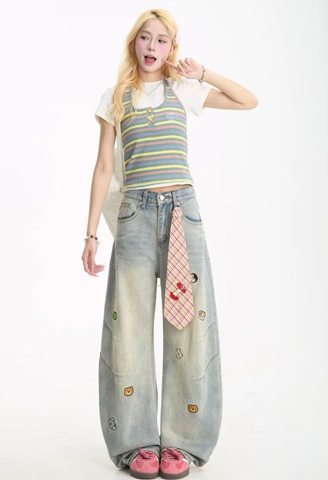 Washed drape jeans animal wide leg pants for women
