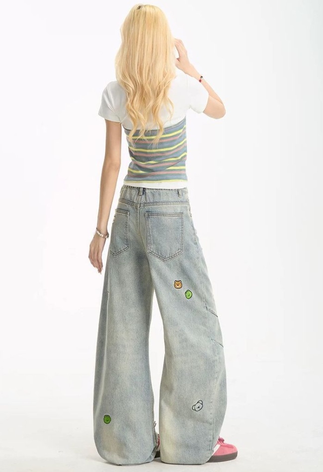 Washed drape jeans animal wide leg pants for women