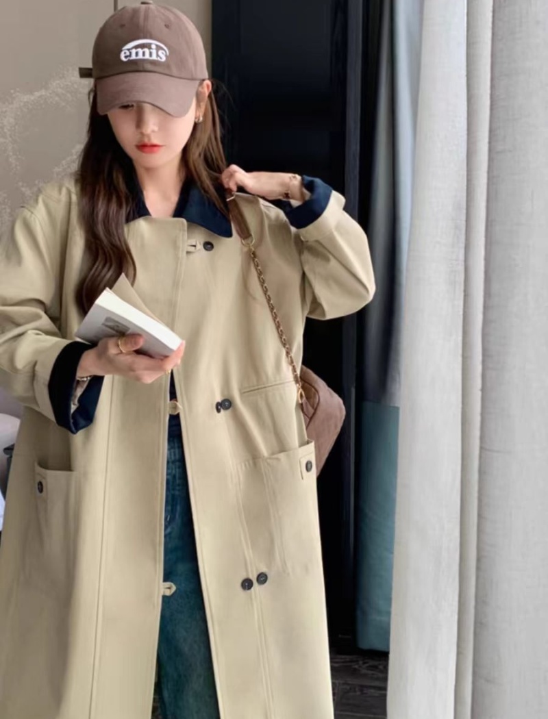 Khaki loose coat mixed colors windbreaker for women