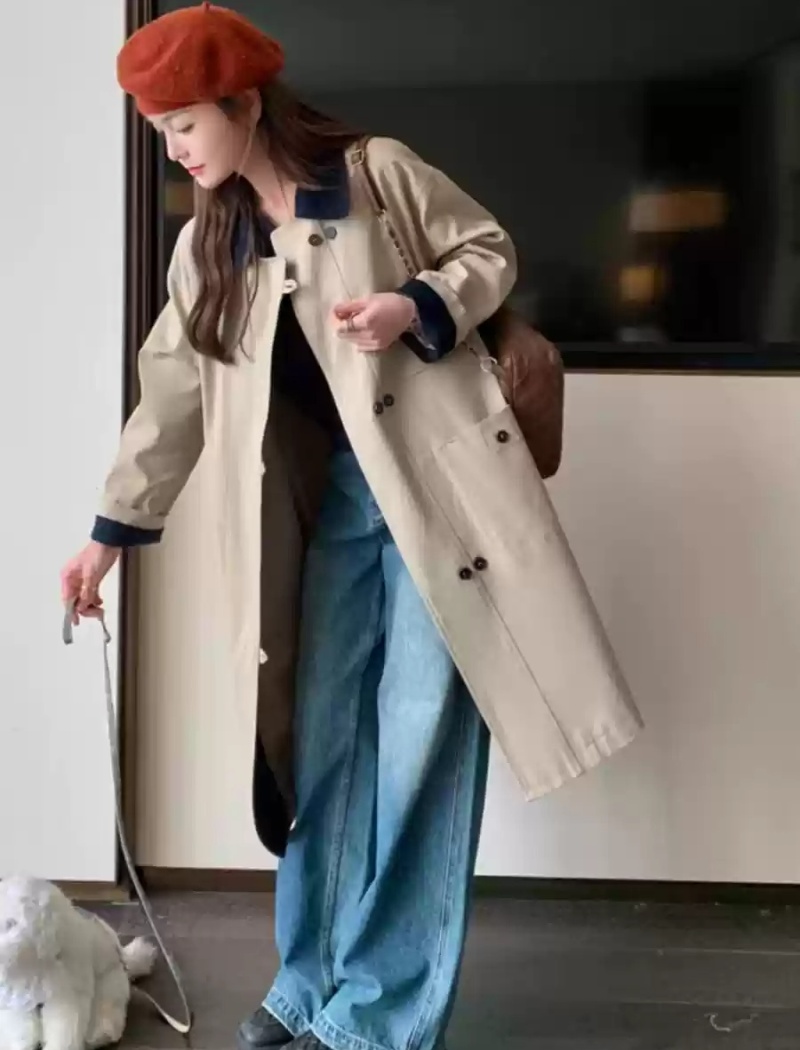 Khaki loose coat mixed colors windbreaker for women