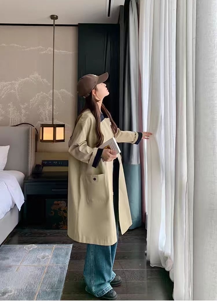 Khaki loose coat mixed colors windbreaker for women