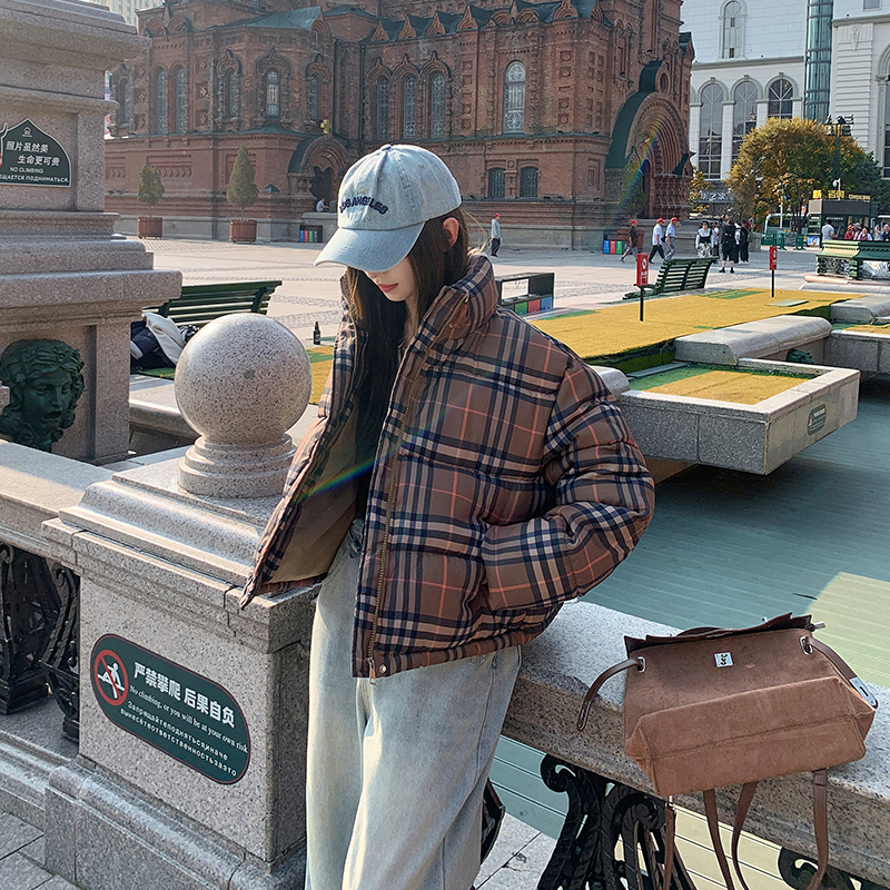 Short loose coat plaid winter bread clothing for women