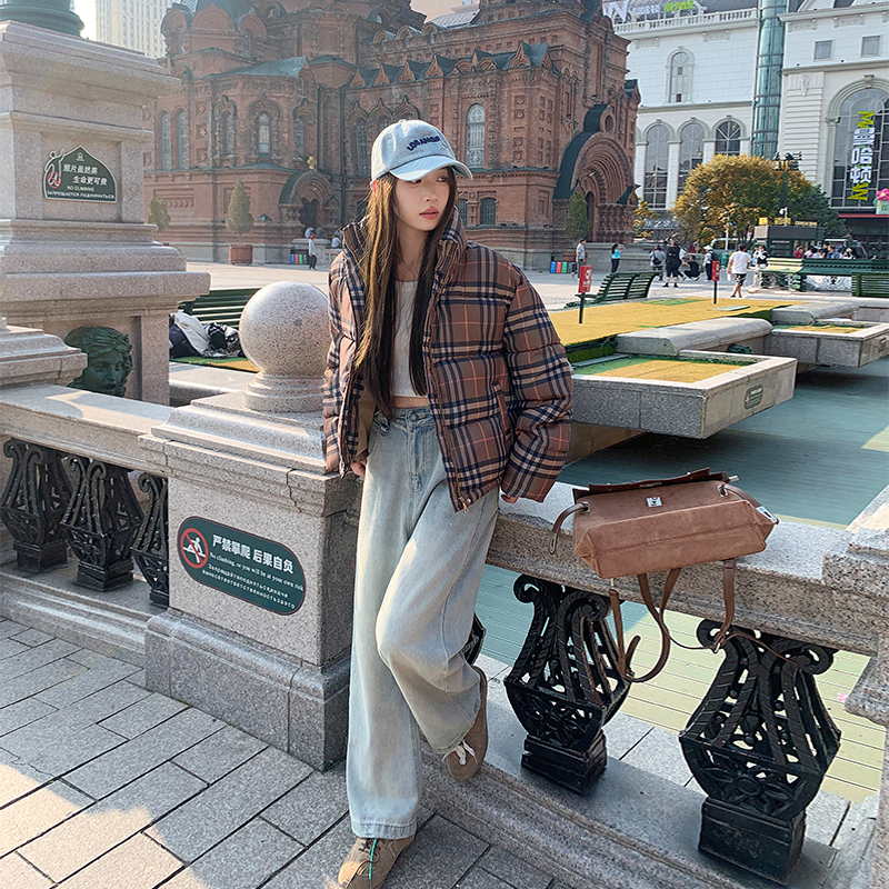 Short loose coat plaid winter bread clothing for women