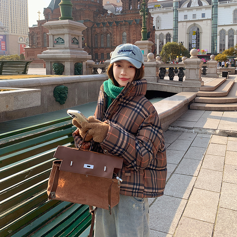 Short loose coat plaid winter bread clothing for women