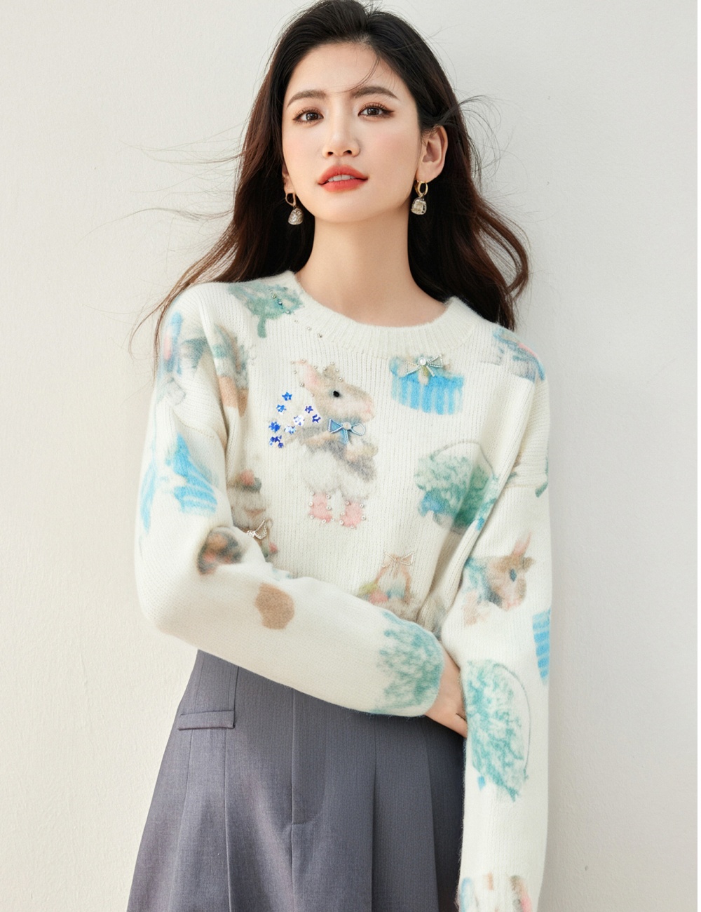 Autumn and winter bunny beading mohair sweater for women