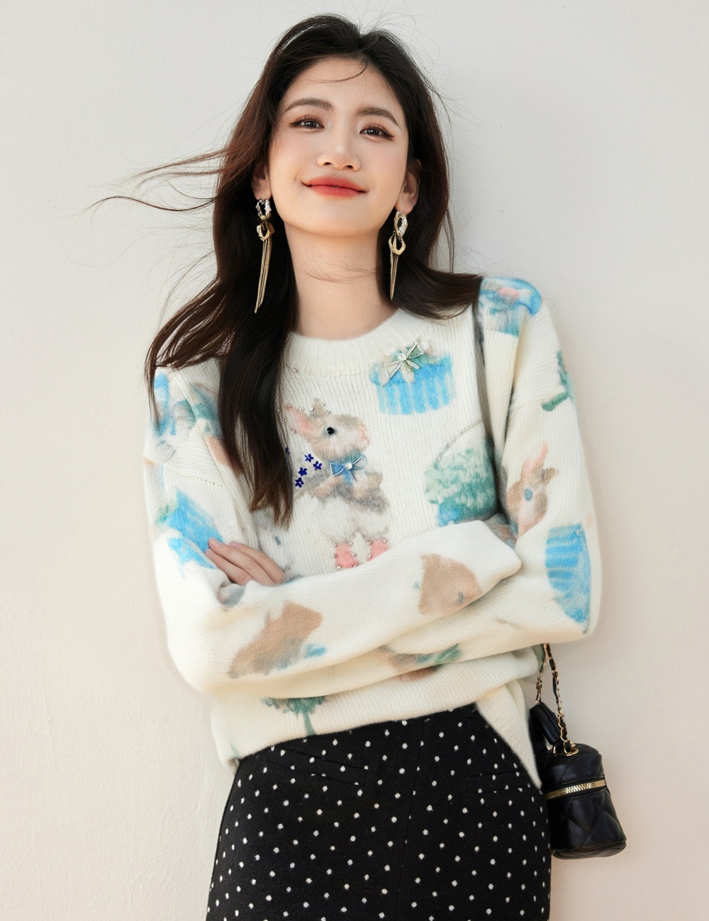 Autumn and winter bunny beading mohair sweater for women