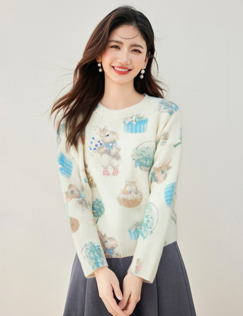 Autumn and winter bunny beading mohair sweater for women