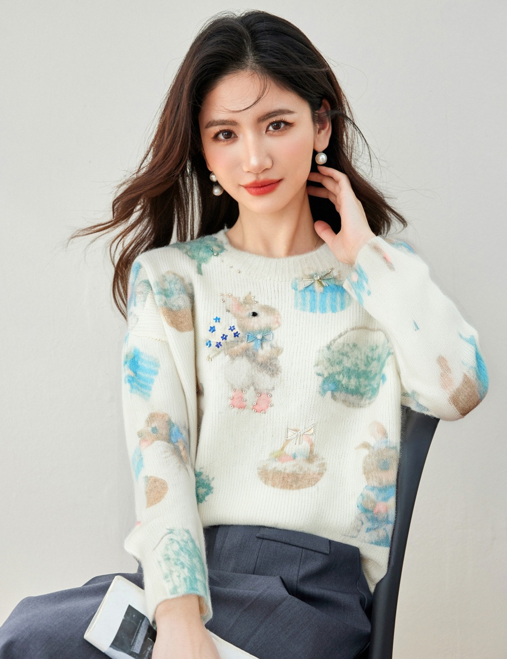Autumn and winter bunny beading mohair sweater for women