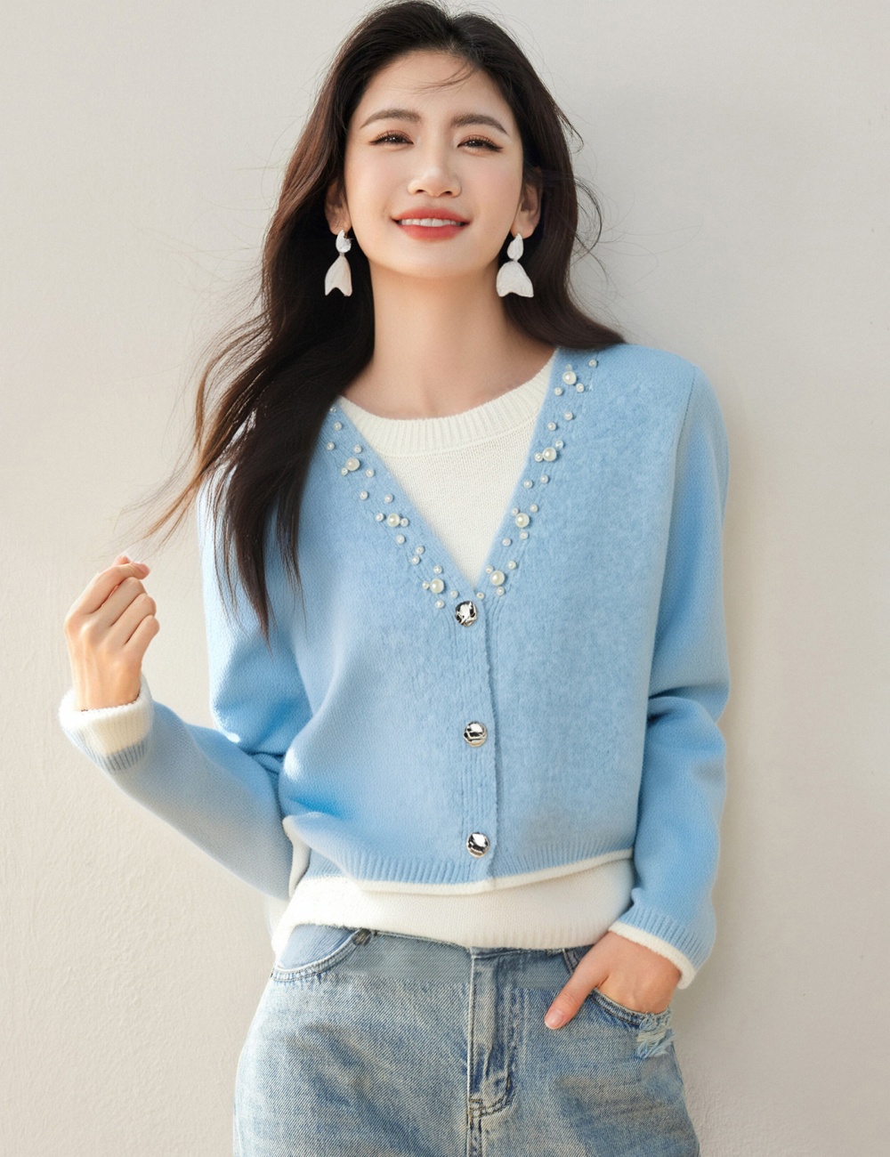 Commuting beading sweater autumn and winter tops
