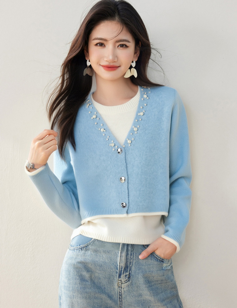 Commuting beading sweater autumn and winter tops