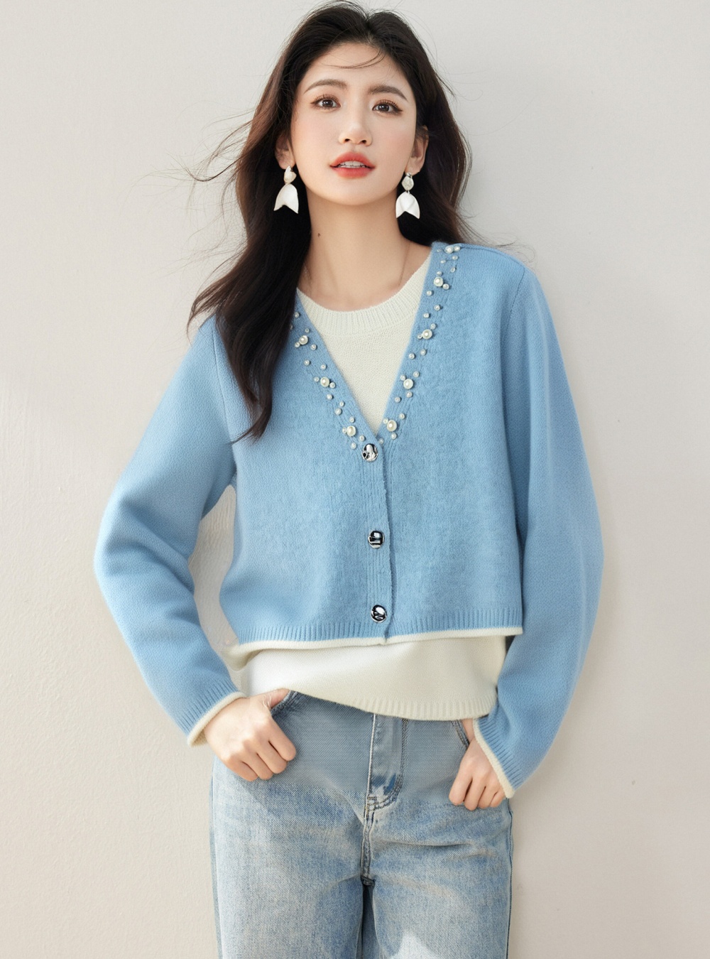 Commuting beading sweater autumn and winter tops