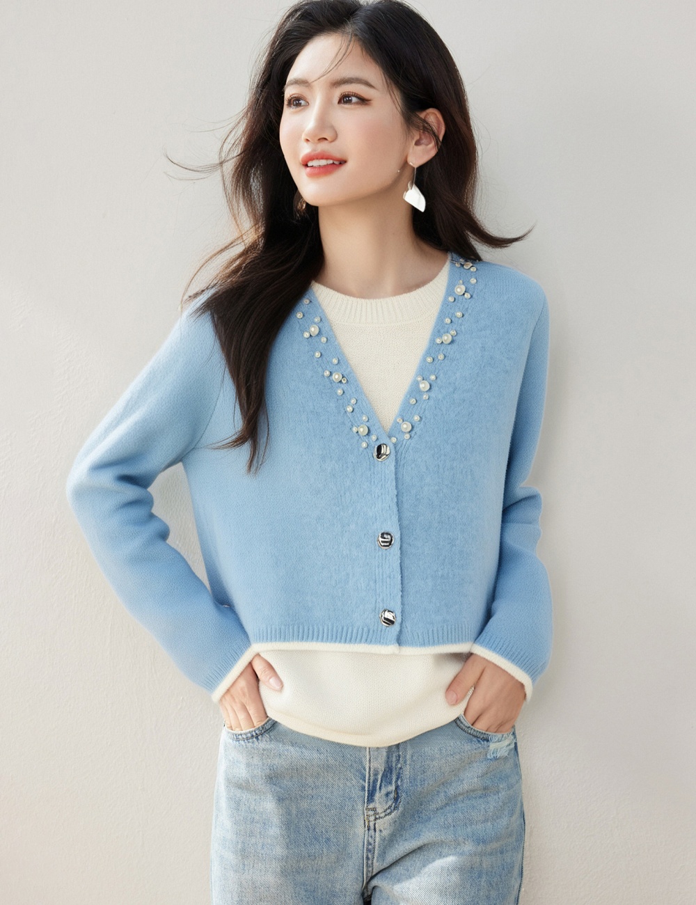 Commuting beading sweater autumn and winter tops