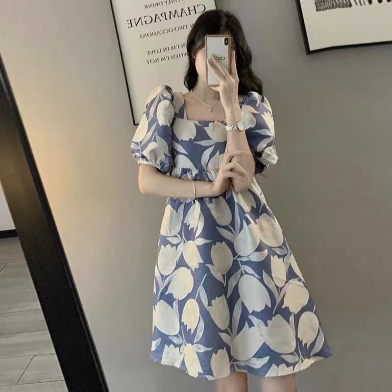 Autumn puff sleeve France style long dress for women