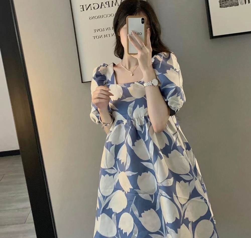 Autumn puff sleeve France style long dress for women
