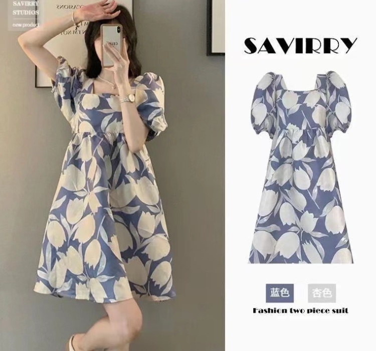 Autumn puff sleeve France style long dress for women